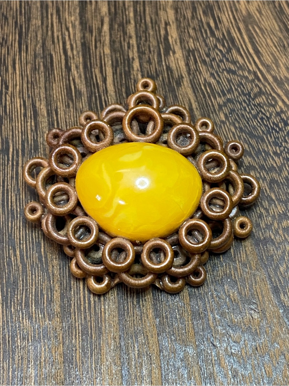Vintage Yellow Cabochon Statement Brooch - Antique Copper Tone Openwork